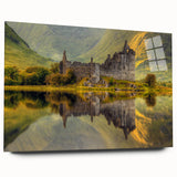 Large abstract wall art depicting a serene Scottish landscape in muted green and blue tones on acrylic glass.