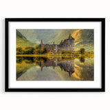 Extra large abstract art print of a textured, colorful Scottish landscape on a framed canvas, ideal for living room decor.