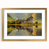 Abstract art print of a Scottish landscape in muted green and blue tones, framed in gold, suitable for dining room decor.