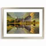 Extra large abstract art print featuring textured scenery of Scotland in muted earth tones, framed in silver.