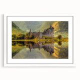 Textured art of abstract Scottish landscape in muted earth tones on a framed white mat, suitable for bedroom decor.