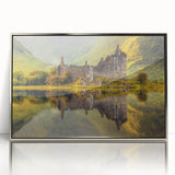 Large art print of a serene Scottish landscape in muted greens and blues, framed in silver acrylic.