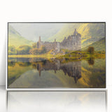 Mid-century modernist art depicting a serene Scottish landscape in muted earth tones, framed acrylic.