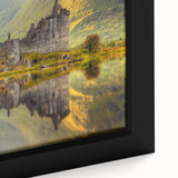 Extra large framed canvas featuring a textured depiction of a Scottish landscape in black with colorful accents.