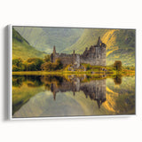 Vintage poster art of a Scottish landscape on framed canvas, featuring muted earth tones, ideal for living room decor.