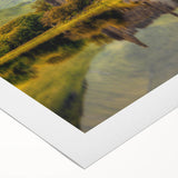 Art deco poster of a serene Scottish landscape in muted greens and blues on rolled canvas, suitable for dining room decor.