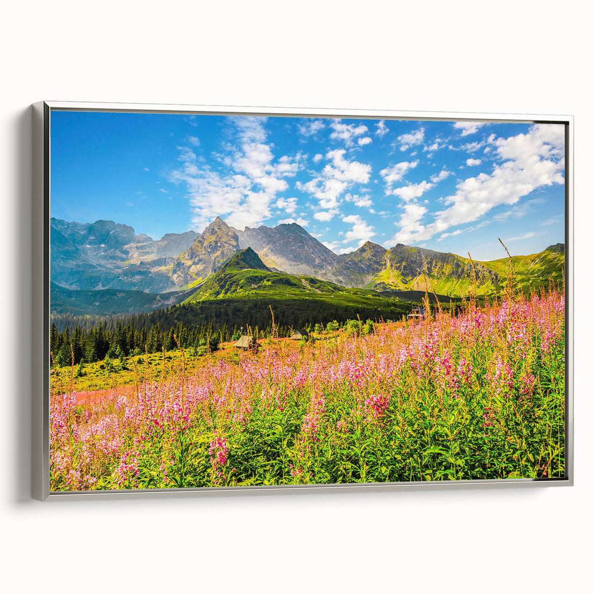 Framed canvas of a vintage-style Slovakian landscape painting with colorful art and black accents.
