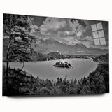 Large abstract wall art depicting a European scenery in Slovenia with muted earth tones on acrylic glass.