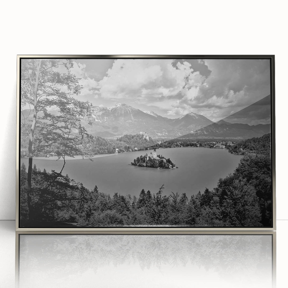 Art deco poster of a European scenery in Slovenia, featuring muted earth tones on a silver-framed acrylic print.