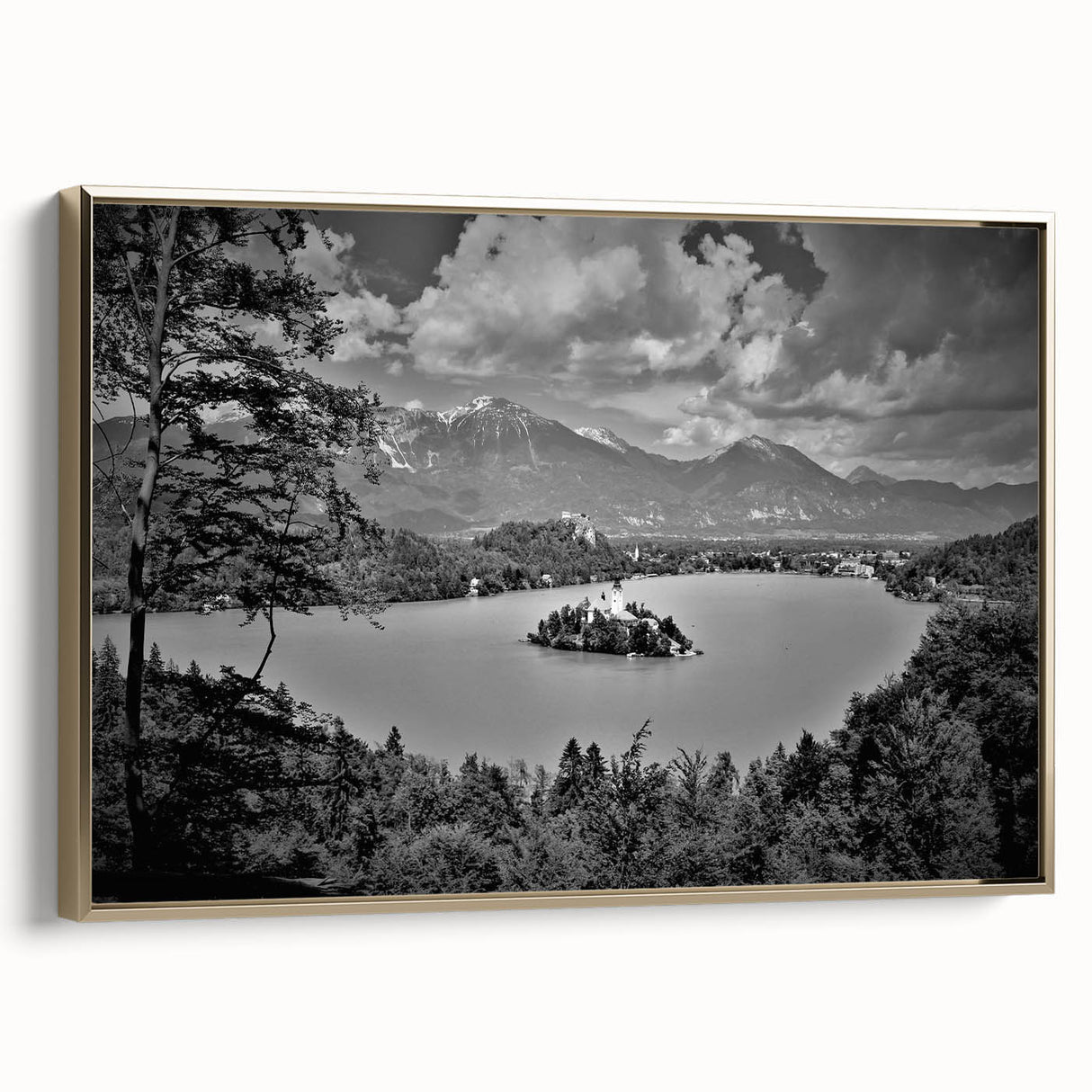 Framed canvas featuring a vintage-style landscape painting of a Slovenian scenery with vibrant.