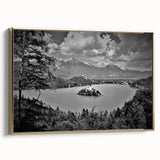 Framed canvas featuring a vintage-style landscape painting of a Slovenian scenery with vibrant.