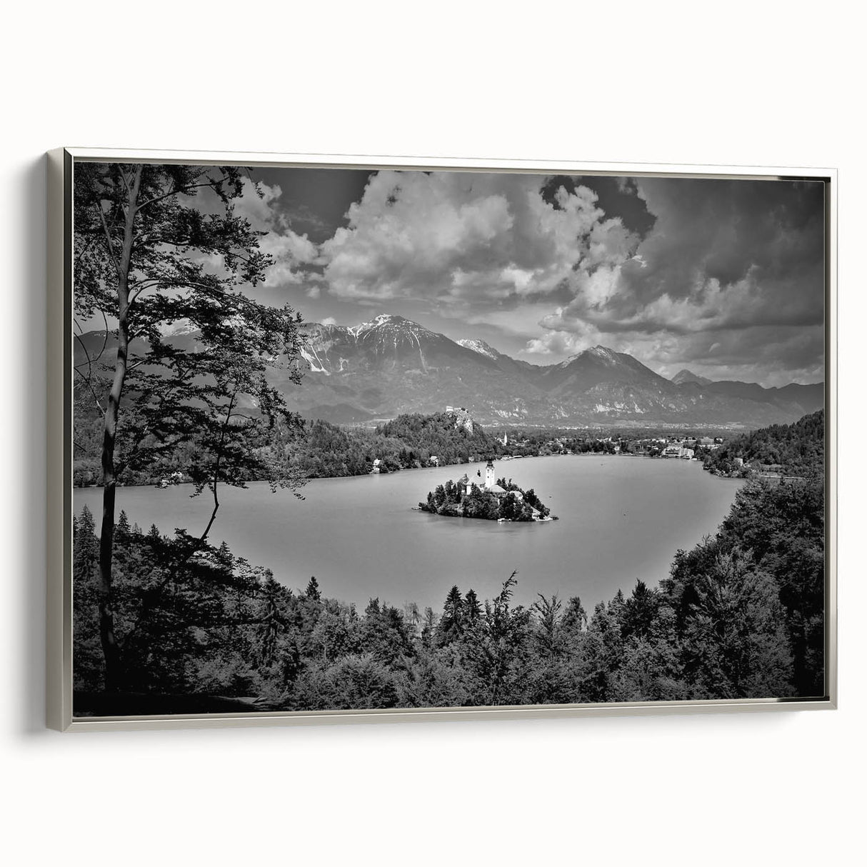 Vintage poster art of a European scenery in Slovenia, featuring vibrant colors on a framed canvas.