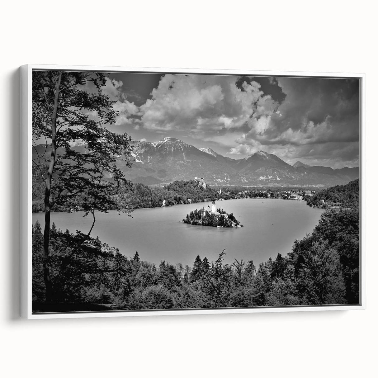 Framed canvas of a vintage-style Slovenian landscape, featuring muted earth tones, ideal for bedroom wall art.