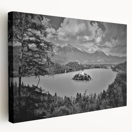 Large art print of a Slovenian landscape on stretched canvas, featuring muted green and blue tones.