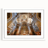 Extra large abstract art print of Andalucia, Spain, in textured hues of orange and blue on a framed white mat.