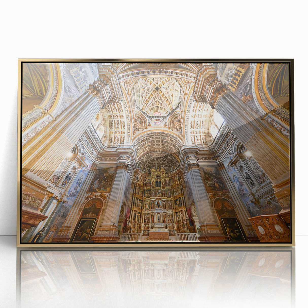 Mid-century modernist art depicting Andalucia, Spain in muted earth tones on a framed acrylic.