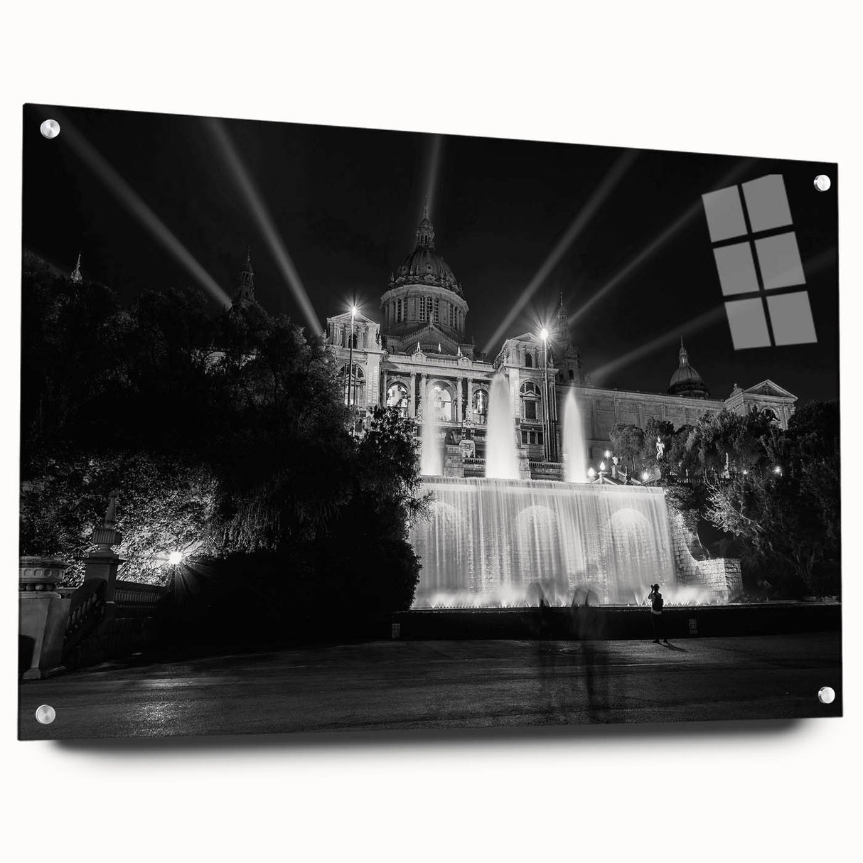 Acrylic print of a Barcelona cityscape in muted earth tones, ideal for dining room decor.