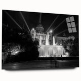 Large abstract wall art of Barcelona skyline in muted gray and blue tones on acrylic glass.