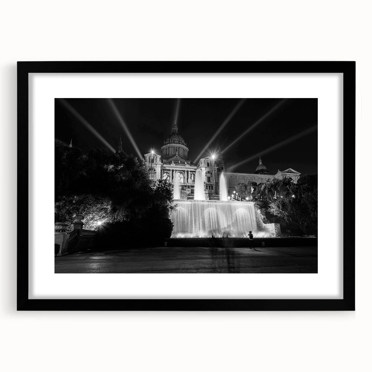 Extra large textured abstract art print of colorful Barcelona scenery in a black frame, ideal for living room decor.