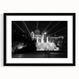 Extra large textured abstract art print of colorful Barcelona scenery in a black frame, ideal for living room decor.