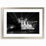 Extra large abstract art print of Barcelona skyline in textured shades, framed in silver, ideal for living room decor.