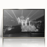 Large art print of Barcelona scenery in muted colors on a silver-framed acrylic, suitable for modern nursery decor.