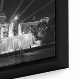 Framed canvas of a textured Barcelona cityscape in black with vibrant colorful accents, ideal for living room decor.