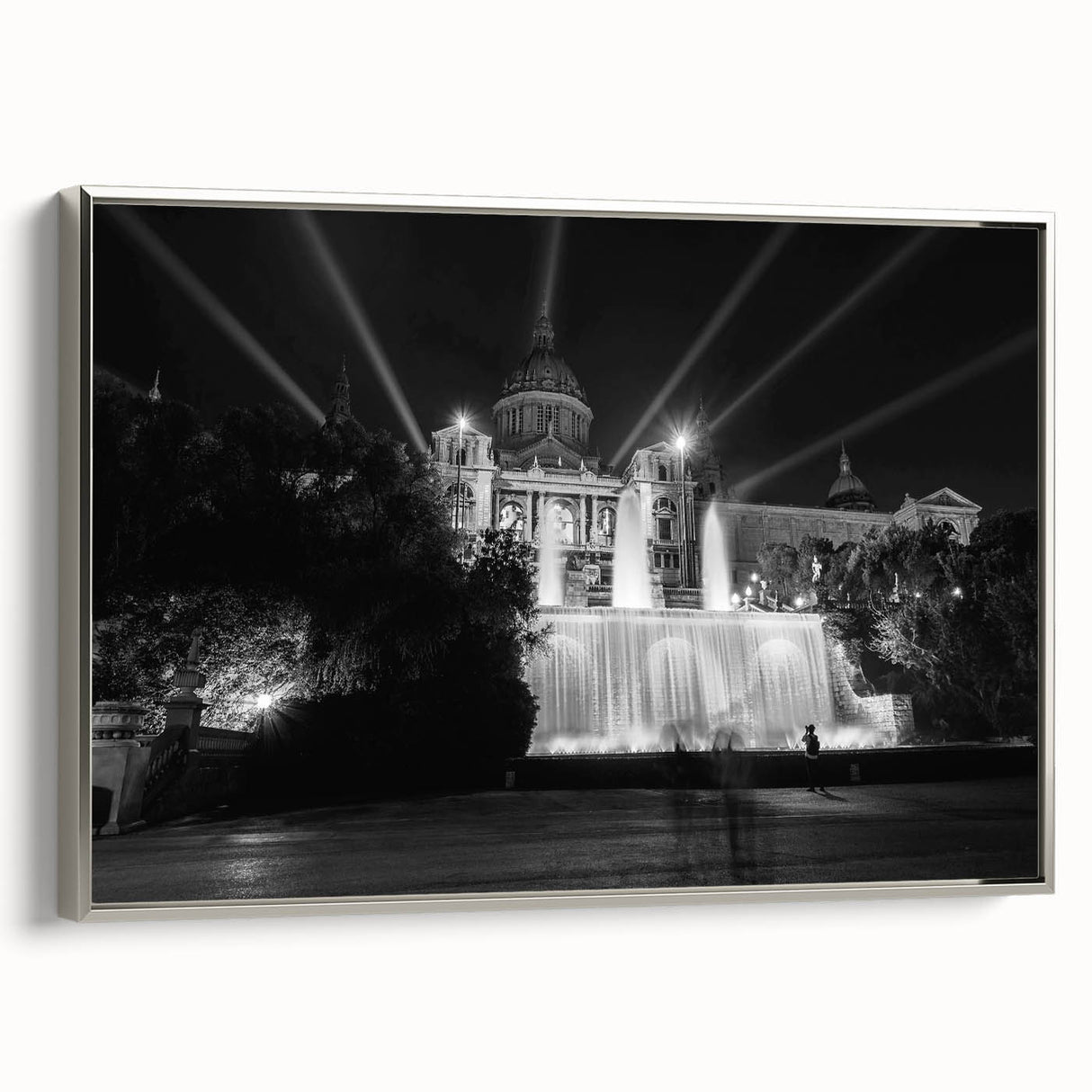 Framed canvas landscape art painting featuring a vintage Barcelona scene in colorful hues, ideal for living room decor.