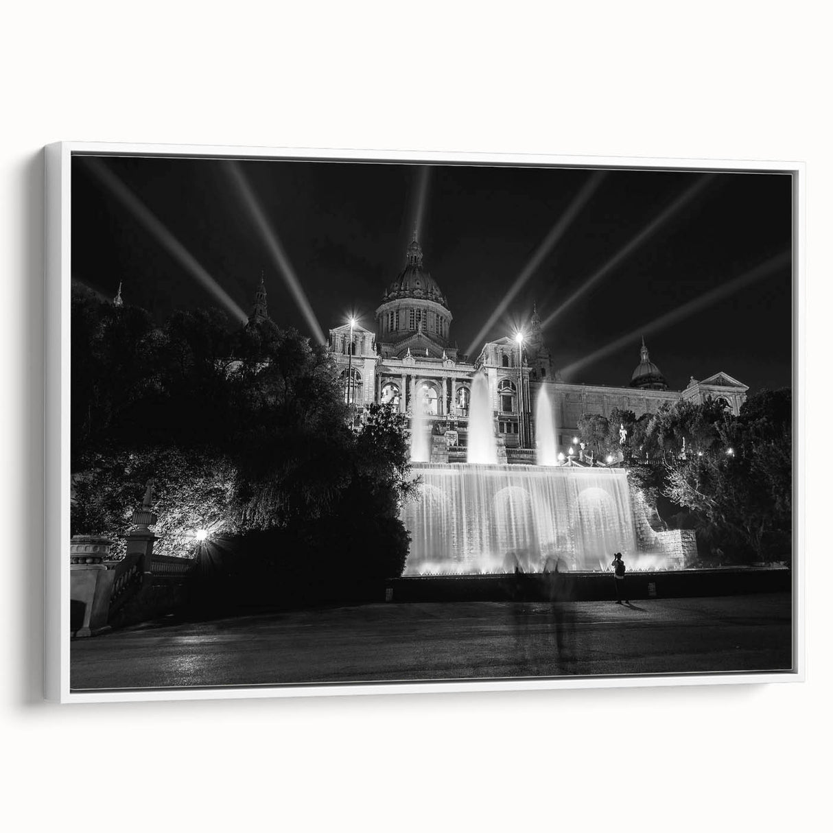 Vintage poster art of Barcelona skyline in vibrant colors on a large framed canvas, ideal for living room decor.