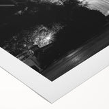 Art deco poster of Barcelona skyline in muted blue and peach tones on rolled canvas, suitable for dining room wall art.