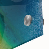 Large abstract wall art featuring mid-century modernist style with vibrant hues, printed on acrylic glass.