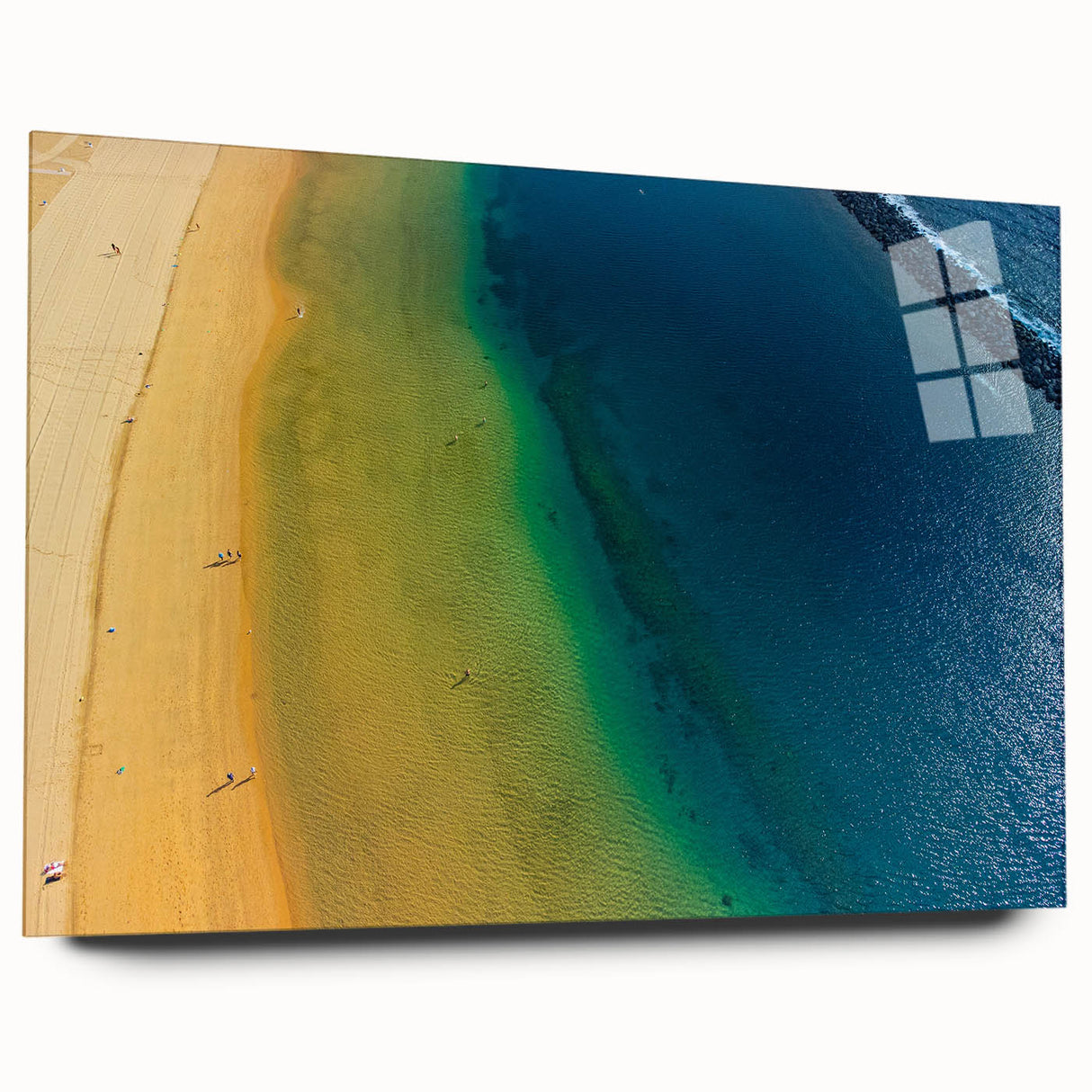 Large abstract wall art depicting a European scenery in muted blue and green tones on acrylic glass.