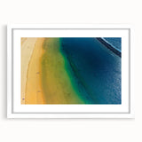 Textured abstract art print of a European scenery in muted earth tones, framed with a white mat, suitable for bedroom decor.