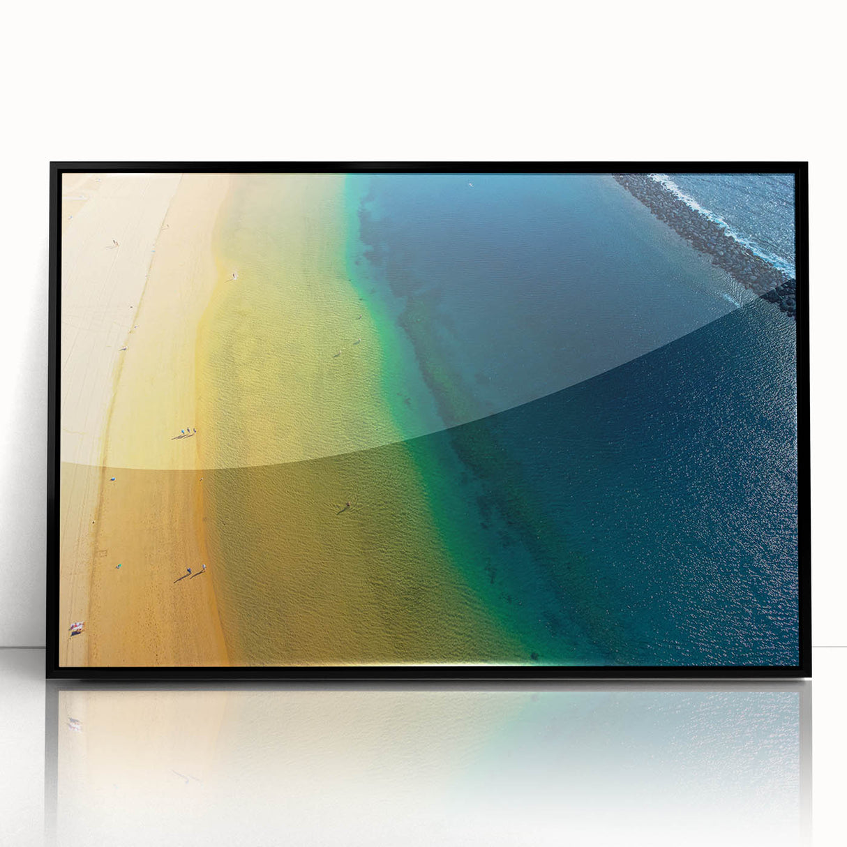 Large abstract wall art depicting a vibrant European scenery in mid-century modernist style on a framed acrylic.