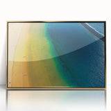 Art deco poster of a European scenery, featuring muted gold and blue tones on framed acrylic, suitable for nursery wall art.