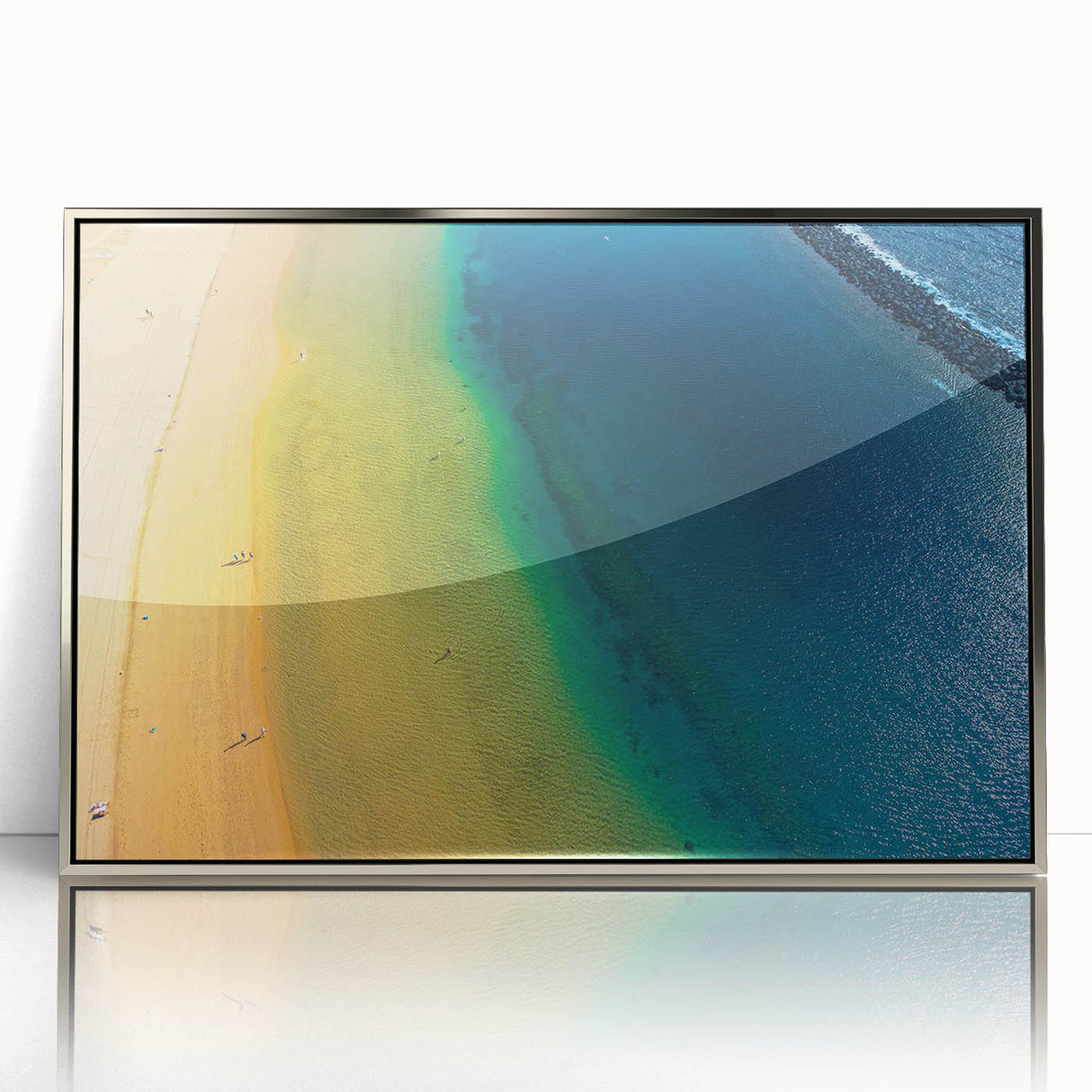 Large acrylic print of a mid-century modernist Canary Islands scenery in silver frame, suitable for modern art wall decor.