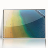 Mid-century modernist art depicting the Canary Islands, with vibrant blue and green tones, framed acrylic print.