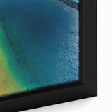 Framed canvas featuring a textured depiction of a European scenery in the Canary Islands with a primarily black background…
