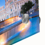 Large abstract wall art of Madrid skyline in muted earth tones on acrylic glass, ideal for dining room art.