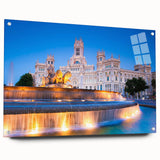 Acrylic print of Madrid cityscape in muted earth tones, suitable for dining room decor.