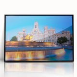 Large abstract wall art of Madrid skyline in muted gray tones on a black framed acrylic, suitable for modern art wall decor.