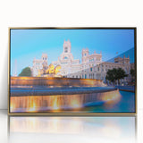 Mid-century modernist art of Madrid skyline in muted gold tones on a framed acrylic, suitable for modern art wall decor.