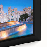Black wall art depicting a textured Madrid cityscape in vibrant colors, framed canvas, ideal for living room decor.