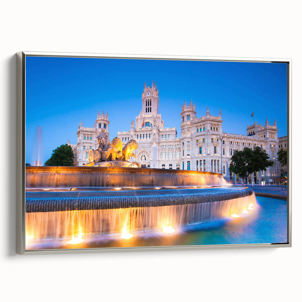 Landscape art painting of Madrid with colorful vintage poster art elements on black framed canvas.