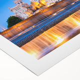 Art deco poster of Madrid skyline in muted earth tones on rolled canvas, suitable for dining room decor.