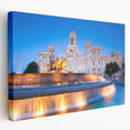 Large art of Madrid skyline in muted earth tones on stretched canvas, ideal for kitchen wall art.