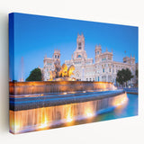 Large art of Madrid skyline in muted earth tones on stretched canvas, ideal for kitchen wall art.