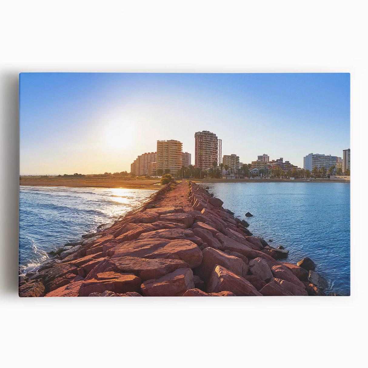 Black and white image of Valencia cityscape on large stretched canvas, ideal for kitchen wall art.