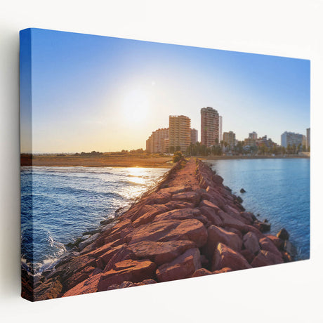 Large stretched canvas featuring a detailed depiction of Valencia's urban scenery in muted earth tones.
