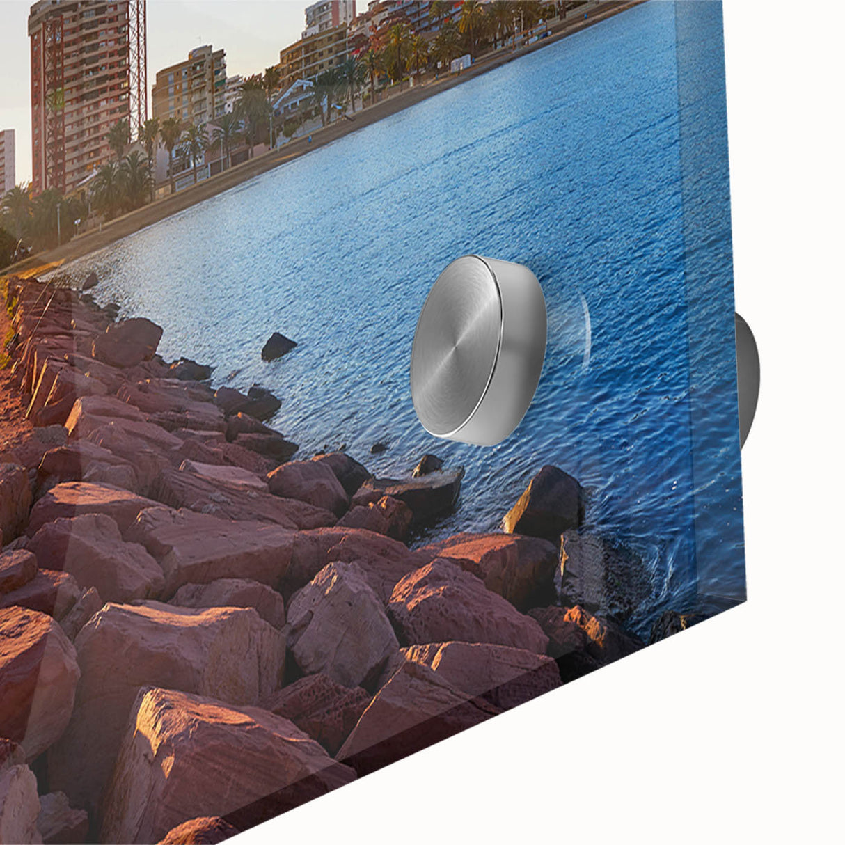 Large abstract depiction of Valencia in muted earth tones on acrylic glass.